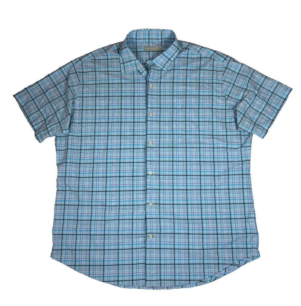 PETER MILLAR MEN'S FEATHERWEIGHT BUTTON-UP SHIRT BLUE PLAID SHORT SLEEVE SIZE XL